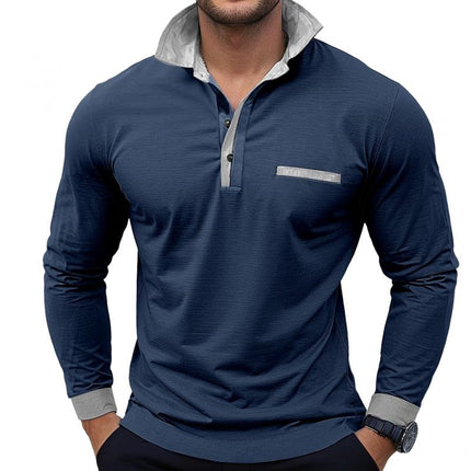 Men's Long Sleeve Colorblock Polo Shirt | Lapel Collar | Soft Cotton Blend | Modern Casual & Smart-Casual Wear | Versatile Hip-Length Design | Comfortable Regular Fit | Classic Button Placket | Durable Finish