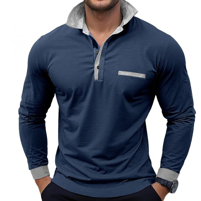 Men's Long Sleeve Colorblock Polo Shirt | Lapel Collar | Soft Cotton Blend | Modern Casual & Smart-Casual Wear | Versatile Hip-Length Design | Comfortable Regular Fit | Classic Button Placket | Durable Finish