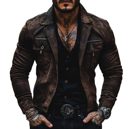 Men's Vintage Suede Jacket | Distressed Finish | Lapel Collar | Single Breasted | Chest Pocket | Long Sleeve | Button Cuffs | Stylish Outerwear | Fashionable Casual Wear