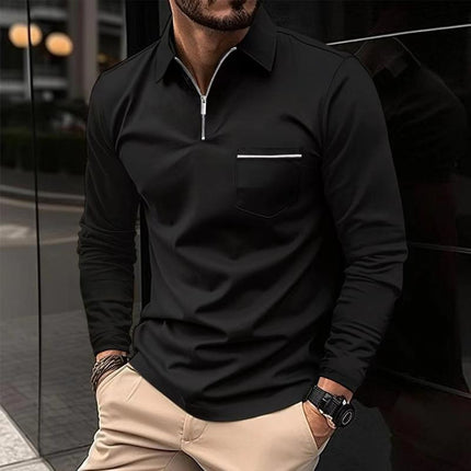 Men's Polo Shirt | Long Sleeve Lapel with Zipper | Solid Colors Breast Pocket | Versatile Casual and Semi-Formal Wear | Premium Comfortable Material