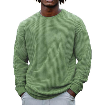 Men's Long Sleeve Waffle Knit Sweatshirt | Solid Color | Round Neck | Casual Layering | Soft Cotton Blend | Versatile Urban Fashion | Sizes S-5XL | Cool Weather Essentials