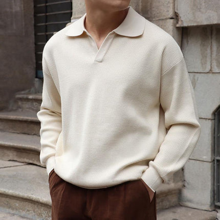 Men's Polo Shirt | Solid Color | Lapel Collar | Long Sleeve Knit | Versatile Casual to Semi-Formal | Soft Durable Fabric | Stylish Minimalistic Design | Comfortable Fit | Ideal for Layering | Sizes Available