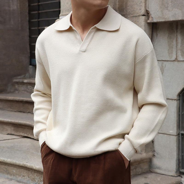 Men's Polo Shirt | Solid Color | Lapel Collar | Long Sleeve Knit | Versatile Casual to Semi-Formal | Soft Durable Fabric | Stylish Minimalistic Design | Comfortable Fit | Ideal for Layering | Sizes Available