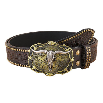 Men's Leather Belt | Vintage Western Cowboy Style | Carved Punk Design | High-Quality Leather | Intricate Patterns | Bold Punk Influence | Adjustable Fit | Classic Western Buckle | Durable Accessories