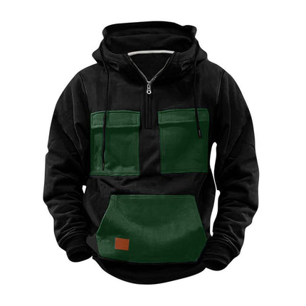 Men's Colorblock Design Half Zip Hoodie | Front Pocket | Casual Sportswear | Soft Cotton Blend | Breathable and Durable | Regular Fit | Long Sleeves with Ribbed Cuffs | Modern Stand Collar | Adjustable Ventilation