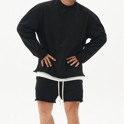 Men's Casual Loose Fit Sweatshirt & Shorts Set | Solid Color | Cotton Pullover | Autumn Winter Spring | Mid Waist | Short Pants | Long Sleeve