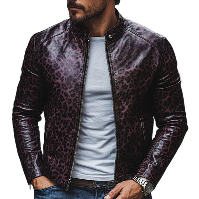 Men's Leopard Print Stand Collar Slim Fit Leather Jacket | Fashion Zipper Outerwear | Bold Design | Premium Leather | Casual & Semi-Formal Style | Statement-Making Jacket | Comfortable & Durable