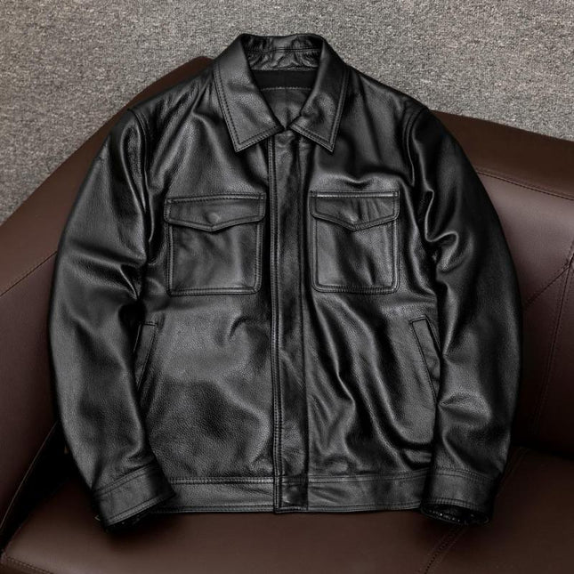 Men's Premium Vintage Leather Jacket | Lapel Collar | Long Sleeve | Double Chest Pockets | Genuine Leather | Solid Color with Distressing | Hip-Length | Regular Fit | Perfect for Fall, Winter, and Spring