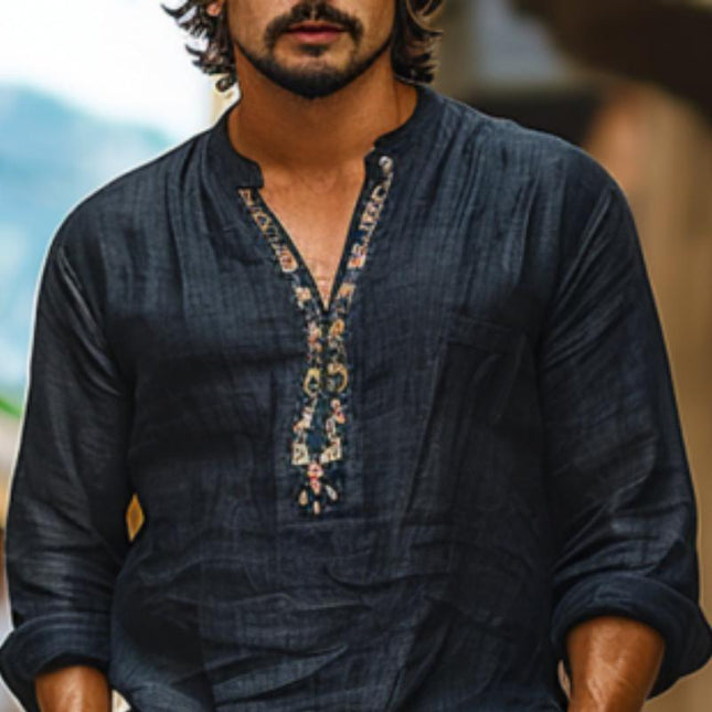Men's Long Sleeve V-Neck Cotton Linen Shirt | Breathable Printed Casual Top | Lightweight Comfortable Fit | Spring Summer Fashion