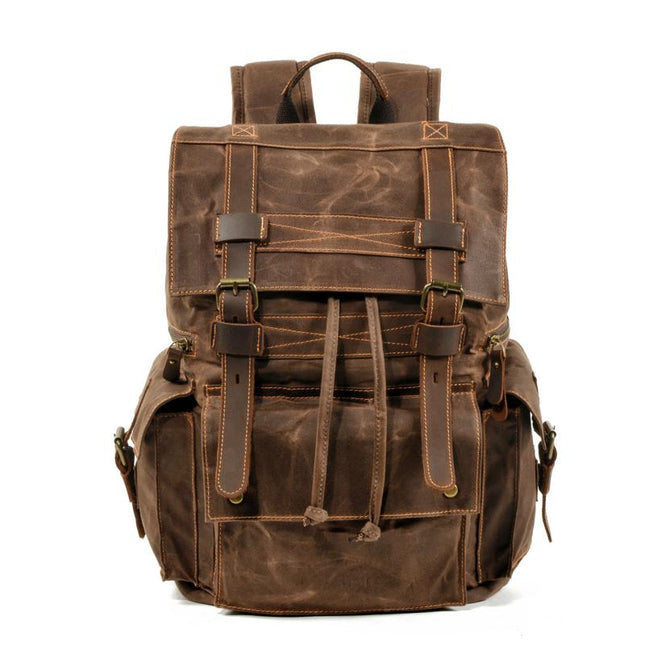 Men's Vintage Backpack | Beeswax Canvas & Leather | Multi-Pocket Design | Outdoor & Urban Use | Water-Resistant | Adjustable Straps | Durable & Stylish
