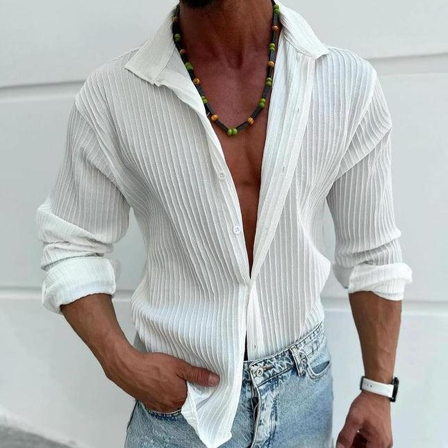 Men's Long Sleeve Casual Shirt | Solid Color | Subtle Stripes | Lapel Collar | Cotton Blend | Regular Fit | Versatile Style | Multiple Sizes | Comfortable Wear