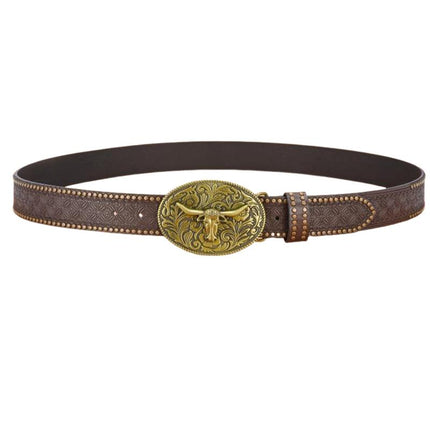 Men's Leather Belt | Western Cowboy Style | Vintage Rivet Embossed | Rugged Design | Genuine Leather | Adjustable Metal Buckle | Classic Brown & Tan Options | Durable Fashion Accessory for Casual Attire