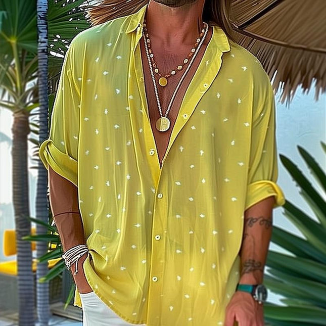 Men's Casual Chiffon Shirt | Dot Print Design | Long Sleeve | Lapel Collar | Lightweight & Breathable | Relaxed Fit | Versatile Style | Comfortable Fabric | Easy Care | Sizes S-XXL