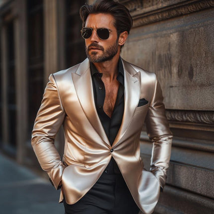 Men's Slim Fit Blazer | Retro Elegant Satin | Peak Lapel | Single Breasted | Luxurious Smooth Finish | Formal & Upscale Events | Modern Tailoring | Versatile Stylish Wardrobe Essential