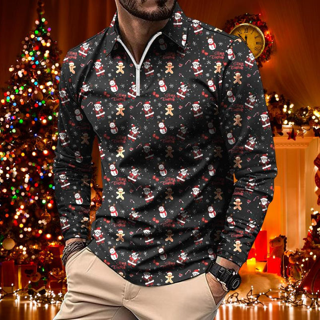 Men's Long Sleeve Polo Shirt | Retro Christmas Floral Print | Lapel Collar | Blended Fabric | Regular Fit | All Season Apparel | Multiple Sizes Available