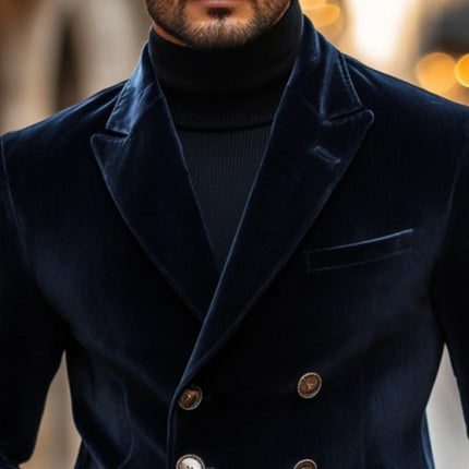 Men's Slim Fit Velvet Blazer | Double-Breasted Design | Peaked Lapel | Vintage Elegance | Formal Wear | Luxurious Velvet | Modern Tailoring | Refined Craftsmanship | Elegant Button Detail | Fully Lined Interior | Stylish & Comfortable