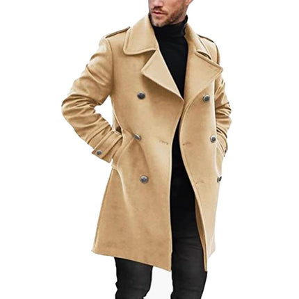 Men's Double Breasted Mid-length Coat | High-quality Fabric | Classic Notched Lapel Design | Warmth & Style | Multiple Pockets | Tailored Fit | Formal & Casual Occasions | Dry Clean or Machine Wash