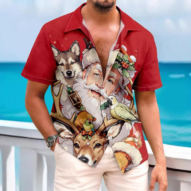 Men's Christmas Santa Claus Shirt | Vintage Casual Lapel | Short Sleeve | Button Up | Blended Fabric | Regular Fit | All Seasons | Multi-size Available | Festive Holiday Wear