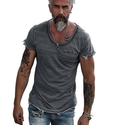 Men's Retro T-Shirt | Solid Color | Round Neck | Raw Edge Short Sleeve | Casual Fit | Vintage Inspired | Breathable Cotton | Versatile Style | Comfort All Seasons | Great with Jeans or Shorts