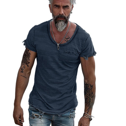 Men's Retro T-Shirt | Solid Color | Round Neck | Raw Edge Short Sleeve | Casual Fit | Vintage Inspired | Breathable Cotton | Versatile Style | Comfort All Seasons | Great with Jeans or Shorts
