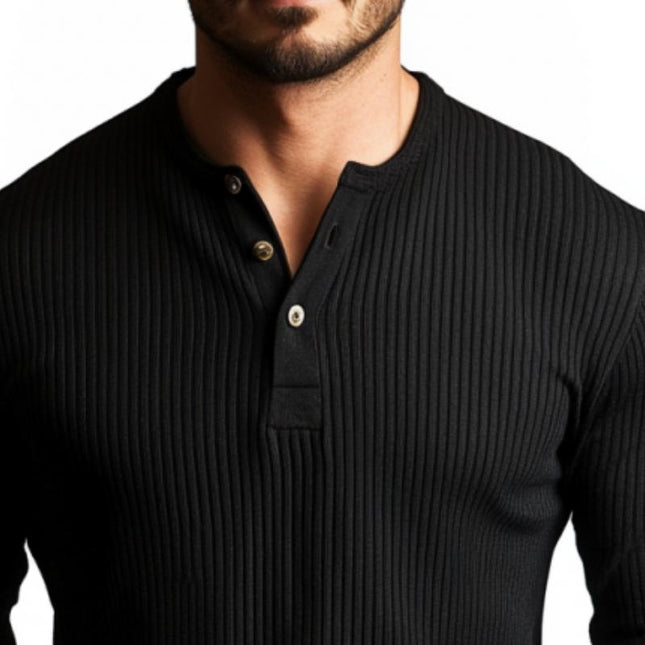 Men's Long Sleeve Henley T-Shirt | Slim Fit Casual Rib Stripe | Button Placket | Premium Fabric | Versatile Styling | Comfortable Breathable | Modern Wardrobe Essential