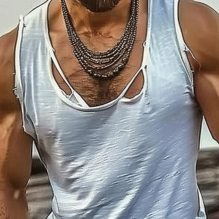 Men's Cotton Blend Tank Top | Washed Vintage Look | Hole Detailing | Sleeveless | Breathable Fabric | Durable Construction | Casual Wear | Variety of Sizes and Colors