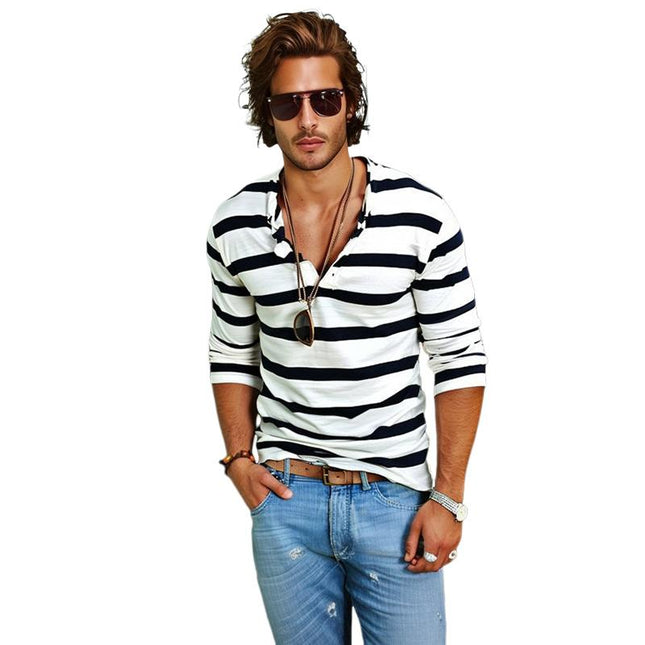 Men's Henley Shirt | Striped Long Sleeve | Cotton Blend | Casual Comfortable Fit | Fashionable Buttoned Placket Top | Versatile Wardrobe Essential