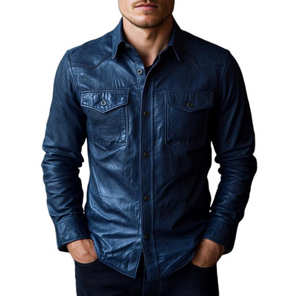 Men's Premium Leather Shirt | Dark Blue Classic Lapel | Long Sleeve Button Up | Luxury Tailored Fit | Versatile Casual to Semi-Formal Wear | Comfortable and Stylish Wardrobe Essential