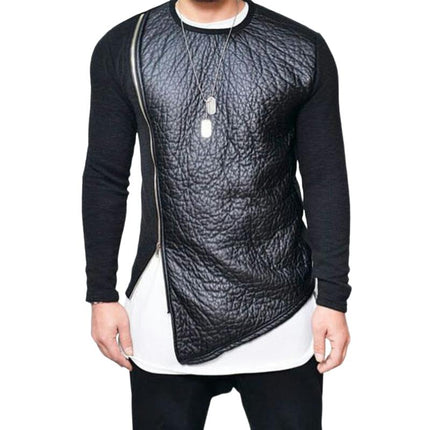 Men's Leather Detailed Zip-up Round Neck Long Sleeve T-shirt | Casual Stylish Modern Design | Comfortable Soft Cotton Blend | Versatile Tailored Fit | Perfect for Layering