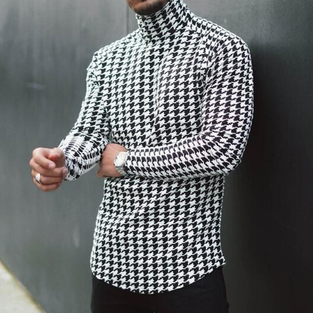 Men's Retro Turtleneck Long Sleeve T-Shirt | Houndstooth Print | Casual Checkerboard Pattern | High Neck Design | Soft Cotton Blend | Fashionable & Comfortable Fit | Versatile for All Occasions