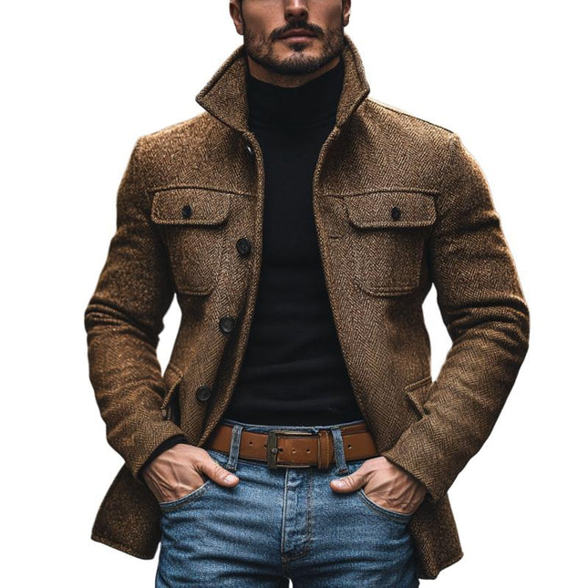Men's Vintage Herringbone Mid-Length Coat | Multi-Pocket Design | Classic Lapel Collar | Single-Breasted Button Closure | Warm Textured Fabric | Versatile Outerwear for Cool Weather