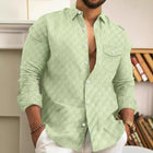 Men's Casual Dress Shirt | Solid Plaid Pattern | Long Sleeve | Lapel Collar | Chest Pocket | Cotton Linen Blend | Versatile Regular Fit | Buttoned Cuffs | Suitable for Spring and Autumn | Classic Style