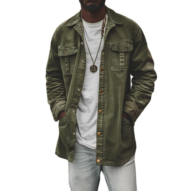Men's Vintage Corduroy Work Jacket | Washed Lapel | Mid-Length | Multi-Pocket Design | Button Closure | Adjustable Cuffs | Durable Stitching | Comfortable | Breathable | Timeless Appeal | All-Season Wear