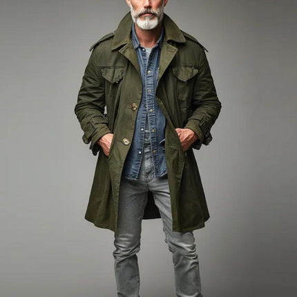 Men's Mid-Length Vintage Trench Coat | Lapel Collar | Single Breasted | Cargo Pocket Design | Long Sleeve Outerwear | Cotton Polyester Blend | Classic Solid Color | Comfortable Relaxed Fit