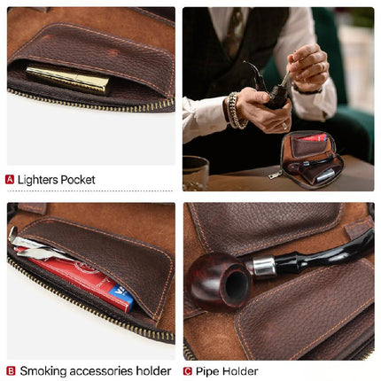 Men's Tobacco Leather Storage Bag | Multifunctional Portable Organizer | Premium Leather | Spacious Compartments | Multiple Pockets | Compact Travel Design | Stylish Smoking Accessories Holder