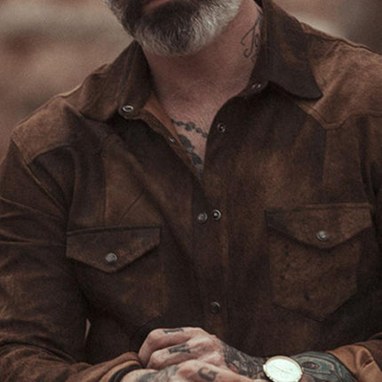 Men's Vintage Suede Long Sleeve Shirt | Casual Lapel Collar | Soft & Durable Fabric | Versatile All-Season Wear | Available in Multiple Sizes | Stylish Retro Look for Casual Outings, Office & More