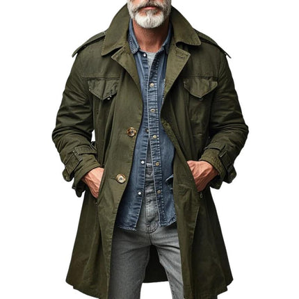 Men's Mid-Length Vintage Trench Coat | Lapel Collar | Single Breasted | Cargo Pocket Design | Long Sleeve Outerwear | Cotton Polyester Blend | Classic Solid Color | Comfortable Relaxed Fit