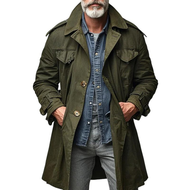 Men's Mid-Length Vintage Trench Coat | Lapel Collar | Single Breasted | Cargo Pocket Design | Long Sleeve Outerwear | Cotton Polyester Blend | Classic Solid Color | Comfortable Relaxed Fit