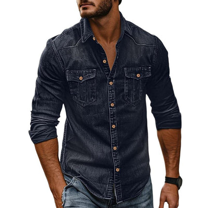 Men's Vintage Washed Denim Shirt | Distressed Lapel Design | Long Sleeve | Indigo Blue | Casual & Semi-Formal Versatility | Soft Cotton Fabric | Sizes S-2XL | Machine Washable