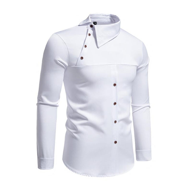 Men's Slim Fit Long Sleeve Shirt | Asymmetric Hem | Slanted Placket | Lapel Collar | Casual & Stylish | Premium Cotton Blend | Adjustable Cuffs | Versatile Dress Shirt for Men