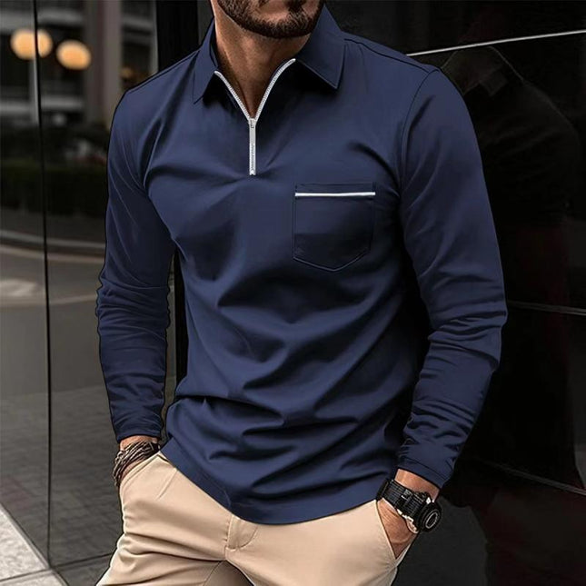 Men's Polo Shirt | Long Sleeve Lapel with Zipper | Solid Colors Breast Pocket | Versatile Casual and Semi-Formal Wear | Premium Comfortable Material