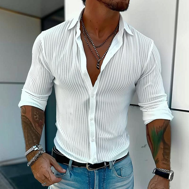 Men's Long Sleeve Striped Lapel Shirt | Solid Color | Button-Up Closure | Versatile Fit | High-Quality Fabric | Casual to Semi-Formal Wear | Multiple Sizes