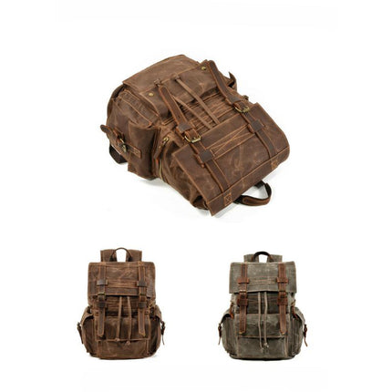 Men's Vintage Backpack | Beeswax Canvas & Leather | Multi-Pocket Design | Outdoor & Urban Use | Water-Resistant | Adjustable Straps | Durable & Stylish