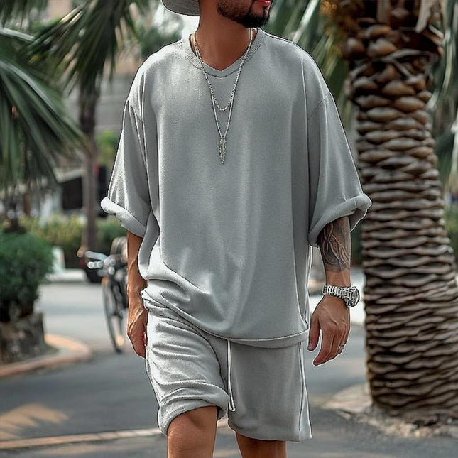 Men's V Neck Short Sleeve T-shirt & Shorts Set | Casual Loose Fit | Solid Color | Breathable Fabric | Summer Outfit | Relaxed Look | Comfortable Activewear | Versatile Wardrobe Essential
