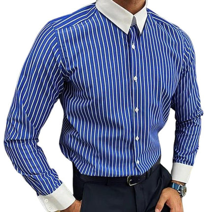 Men's Long Sleeve Striped Colorblock Shirt | Lapel Collar | Buttoned Cuffs | Casual Wear | Classic Style | Comfortable Fabric | Versatile Outfit