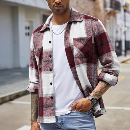 Men's Relaxed Fit Flannel Shirt | Vintage Check Pattern | Lapel Collar | Long Sleeve | Warm & Soft | Earthy Tones | Casual & Versatile | For Layering | Ideal for Fall & Winter |