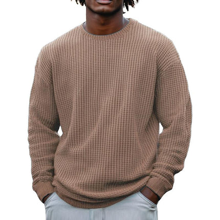 Men's Long Sleeve Waffle Knit Sweatshirt | Solid Color | Round Neck | Casual Layering | Soft Cotton Blend | Versatile Urban Fashion | Sizes S-5XL | Cool Weather Essentials
