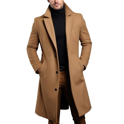 Men's Mid-Length Coat | Solid Color | Notch Lapel | Single-Breasted | Premium Quality | Versatile Outerwear | Various Sizes | Elegant Design | Fashionable and Comfortable | Stylish Warmth