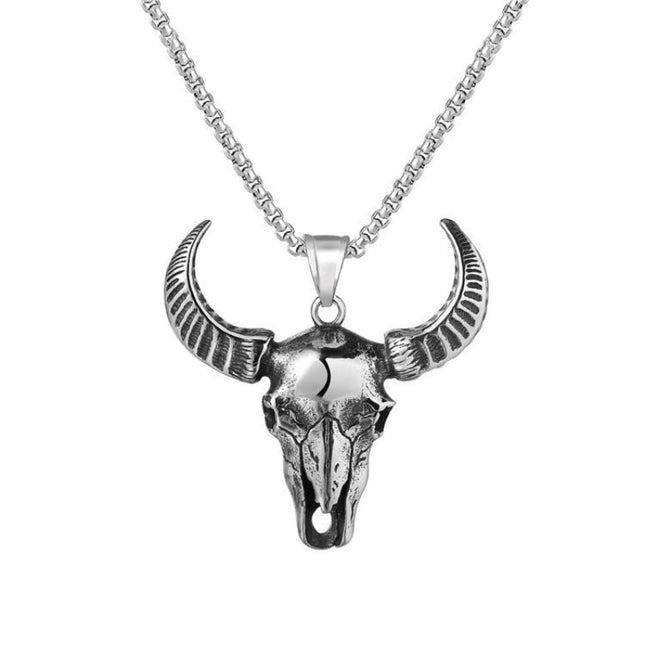Vintage Western Bull Head Pendant Necklace | Boho Statement Jewelry | Unisex Accessory | Cow Skull Design | 76052242TO