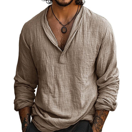 Men's Blended Cotton Linen Shirt | Lapel Collar | Long Sleeve | Pleated Design | Regular Fit | All Seasons | Variety of Sizes | Casual & Formal Wear